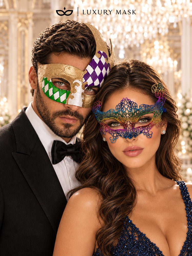 Rainbow Crown Lace Mask for Women & Gold Purple Green Checkered Mask for Men | Ornate Venetian Masquerade Couple Set - image 3