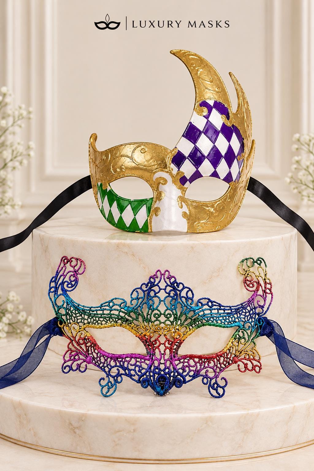 Rainbow Crown Lace Mask for Women & Gold Purple Green Checkered Mask for Men | Ornate Venetian Masquerade Couple Set - image 6