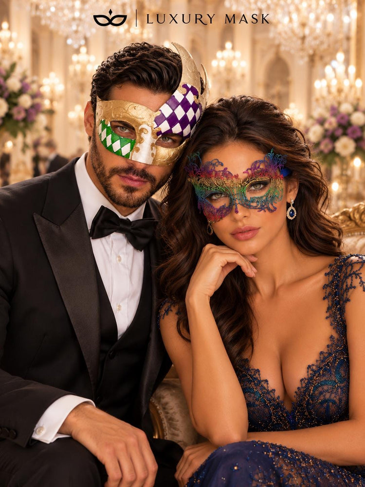 Gold Purple Green Checkered Mask for Men & Rainbow Swan Lace Mask for Women | Colorful Venetian Masquerade His and Hers Set - image 4