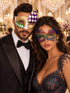 Gold Purple Green Checkered Mask for Men & Rainbow Swan Lace Mask for Women | Colorful Venetian Masquerade His and Hers Set - main image