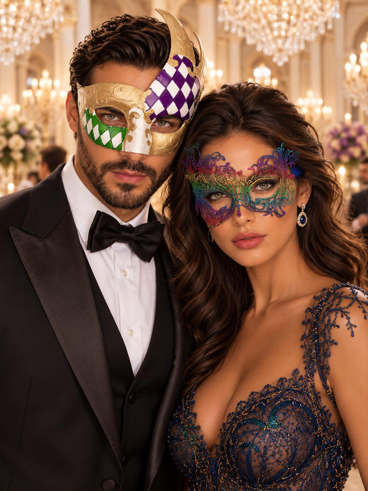 Gold Purple Green Checkered Mask for Men & Rainbow Swan Lace Mask for Women | Colorful Venetian Masquerade His and Hers Set - main image