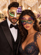 Gold Purple Green Checkered Mask for Men & Rainbow Swan Lace Mask for Women | Colorful Venetian Masquerade His and Hers Set - main image