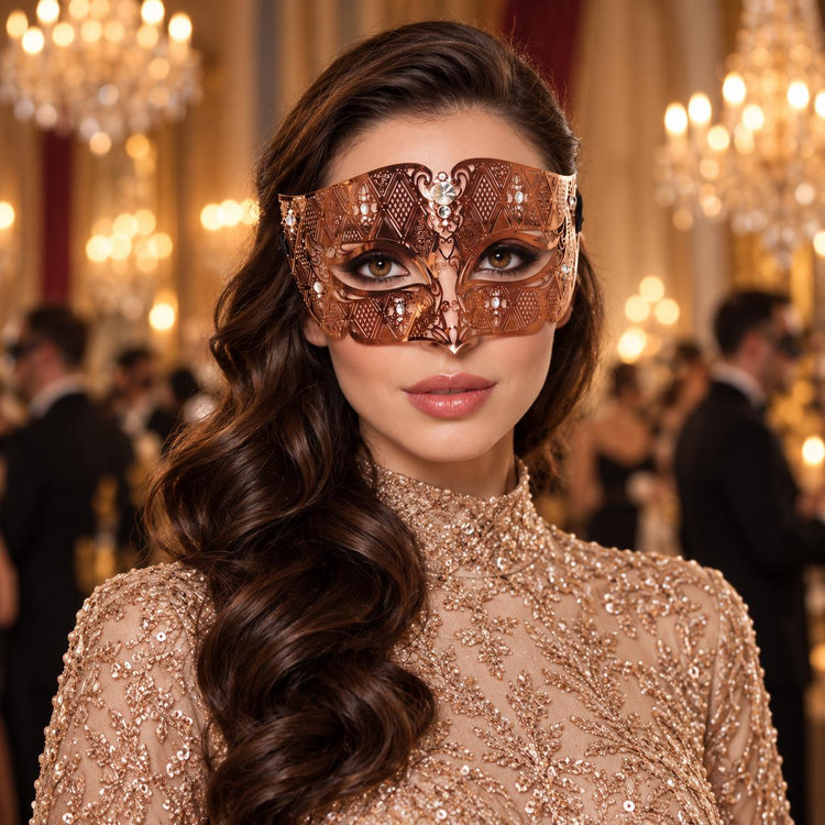 Rose Gold Diamond Pattern Masquerade Mask with Clear Rhinestones for Women - main image