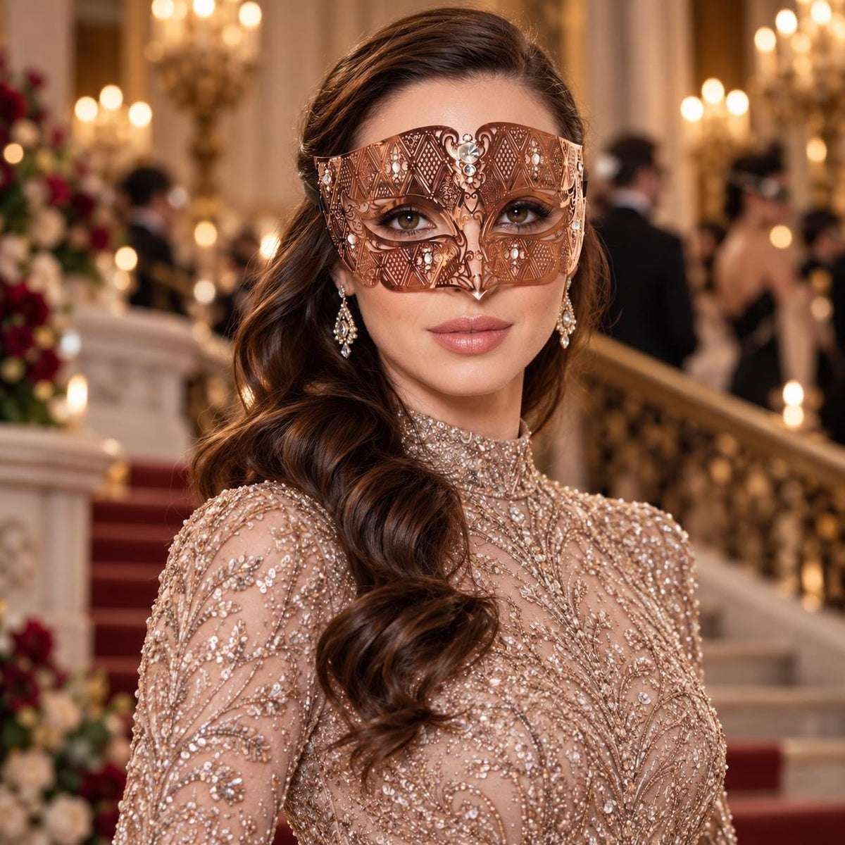 Rose Gold Diamond Pattern Masquerade Mask with Clear Rhinestones for Women - image 3
