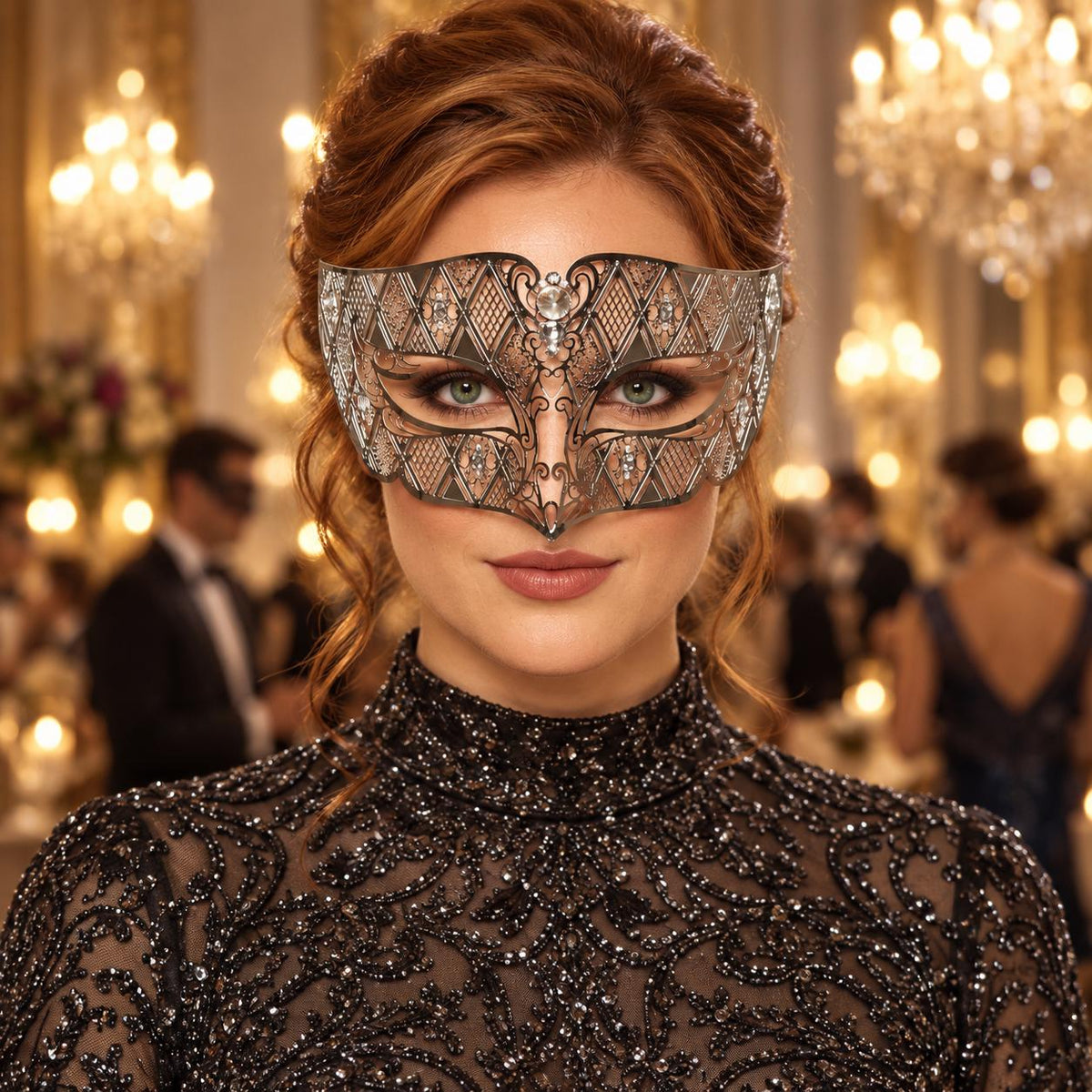 Silver Diamond Masquerade Mask with Clear Rhinestones for Men and Women, Metal Eye Mask for Prom and Costume Parties - main image
