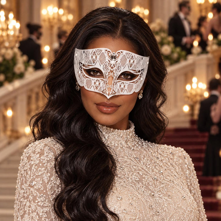White Diamond Masquerade Mask with Clear Rhinestones for Men and Women, Metal Eye Mask for Prom and Costume Parties - image 3