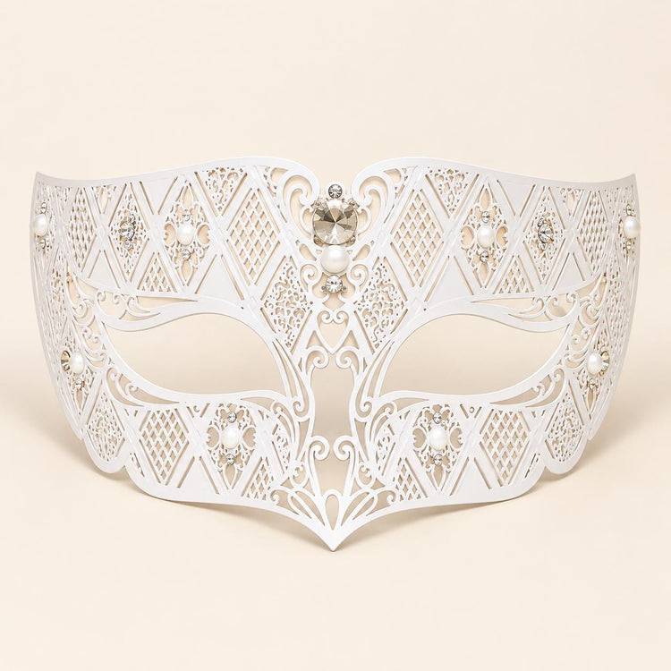 White Diamond Masquerade Mask with Clear Rhinestones for Men and Women, Metal Eye Mask for Prom and Costume Parties - image 5