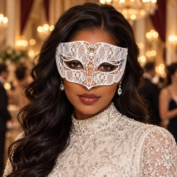 White Diamond Masquerade Mask with Clear Rhinestones for Men and Women, Metal Eye Mask for Prom and Costume Parties - main image