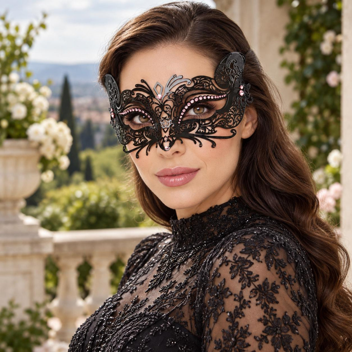 Black Butterfly Masquerade Mask with Pink Rhinestones for Women - image 4