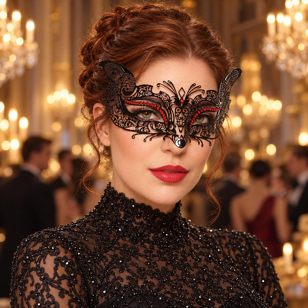 Black Butterfly Masquerade Mask with Red Rhinestones for Women - main image