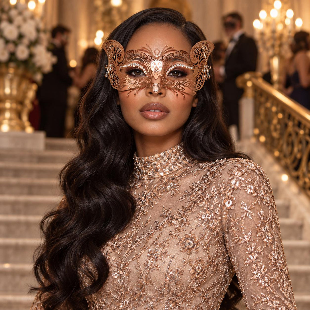 Rose Gold Butterfly Masquerade Mask with Clear Rhinestones for Women - image 3