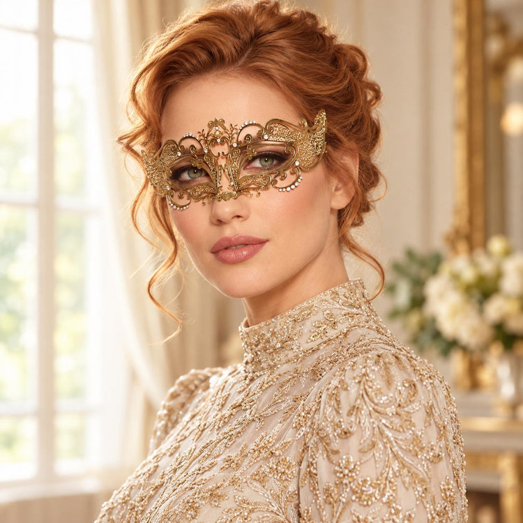 Gold Curved Cutout Masquerade Mask with Clear Rhinestones for Women - image 2