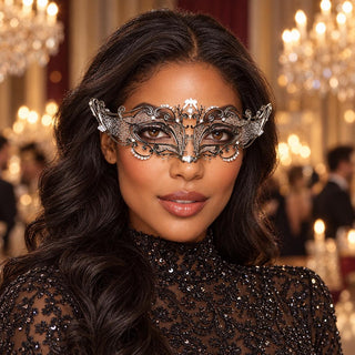Silver Curved Cutout Masquerade Mask with Clear Rhinestones for Women - main image