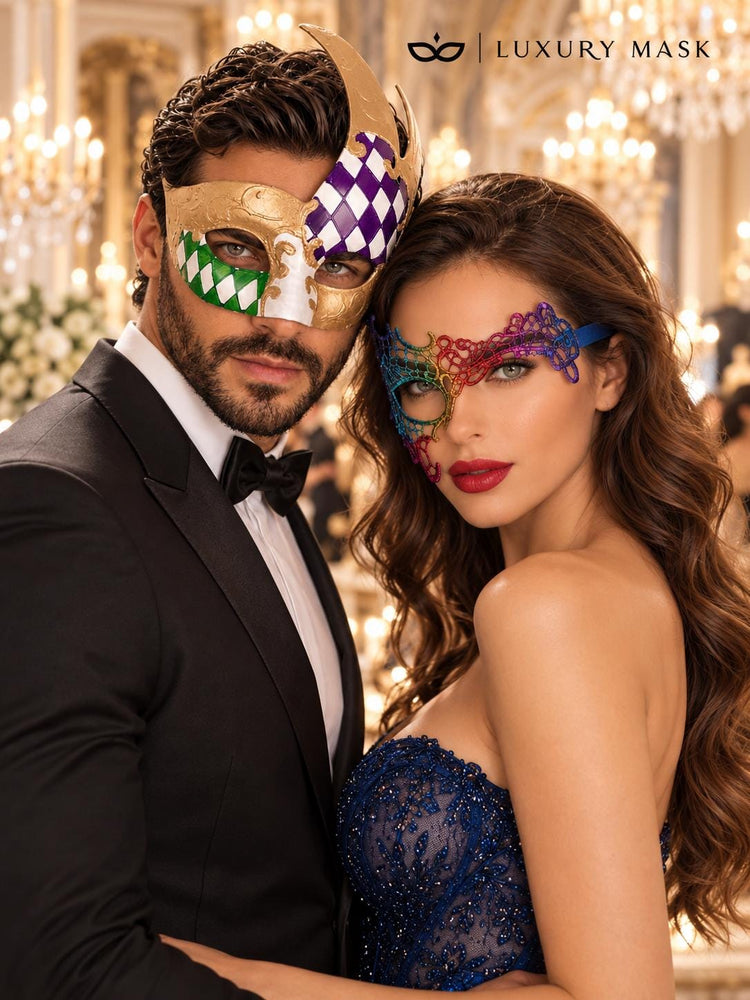 Rainbow Phantom Lace Mask for Women & Gold Purple Green Checkered Mask for Men | Colorful Venetian Masquerade Couple Set - image 4