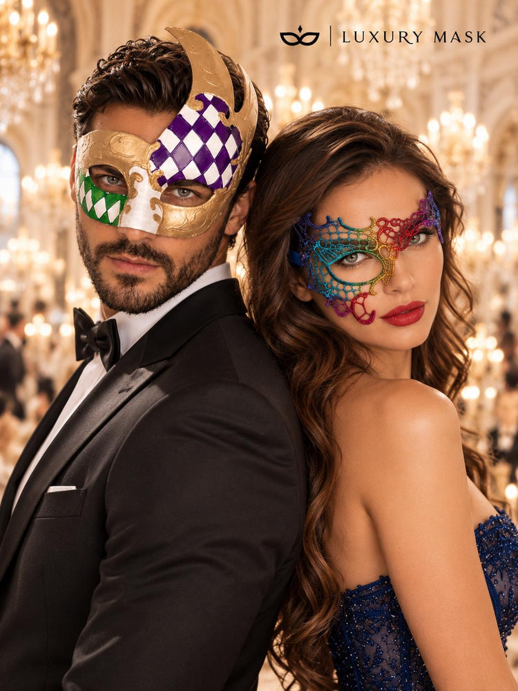Rainbow Phantom Lace Mask for Women & Gold Purple Green Checkered Mask for Men | Colorful Venetian Masquerade Couple Set - image 5