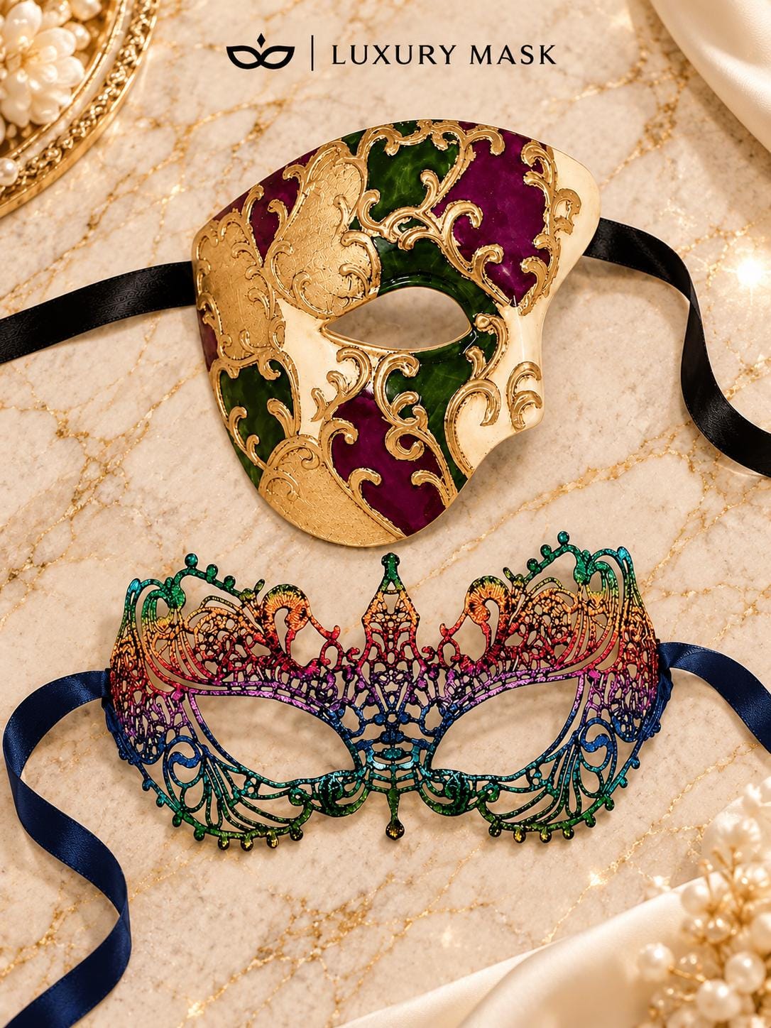 Purple Gold Green One Eye Phantom Mask for Men with Rainbow Lace Mask for Women | Colorful Venetian Masquerade Duo - image 6