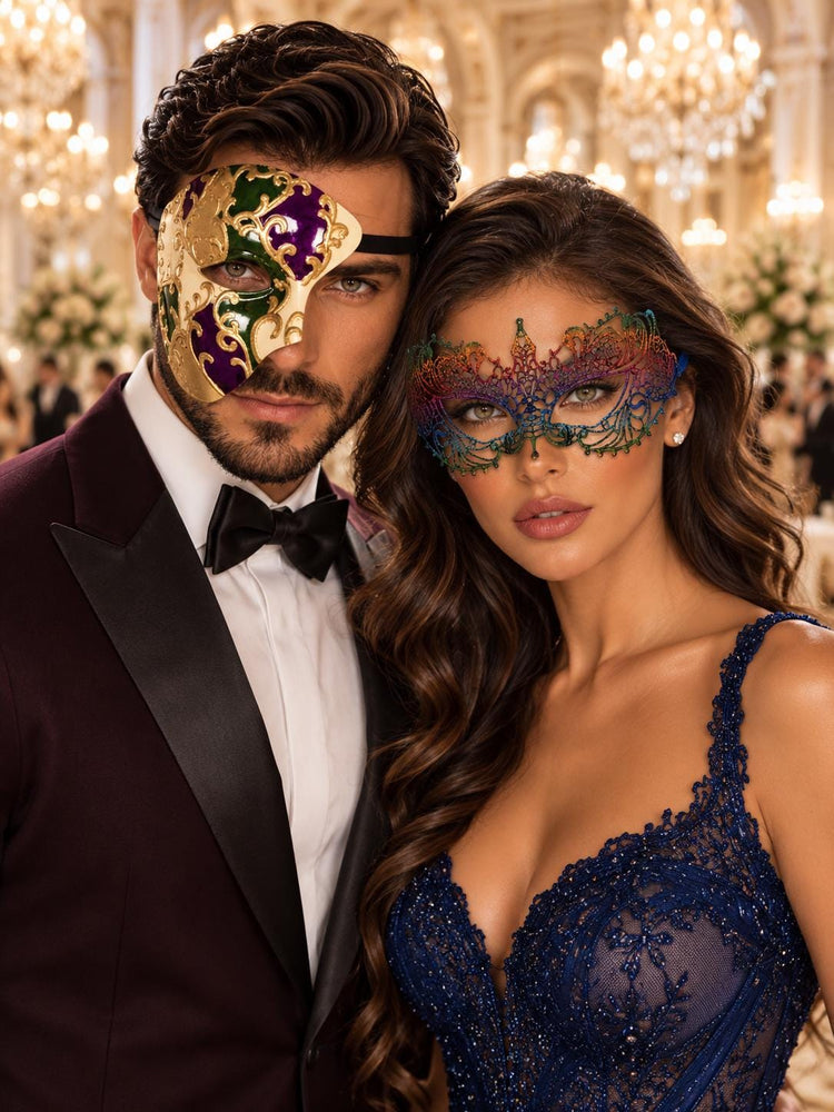 Purple Gold Green One Eye Phantom Mask for Men with Rainbow Lace Mask for Women | Colorful Venetian Masquerade Duo - main image