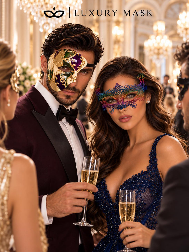 Rainbow Crown Lace Mask for Women & Purple Gold Green One Eye Phantom Mask for Men | Colorful Venetian Masquerade Set - image 2