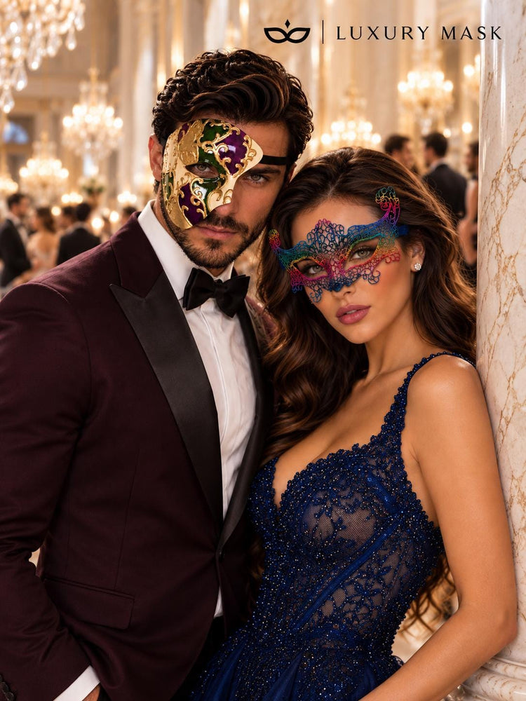 Rainbow Crown Lace Mask for Women & Purple Gold Green One Eye Phantom Mask for Men | Colorful Venetian Masquerade Set - image 5