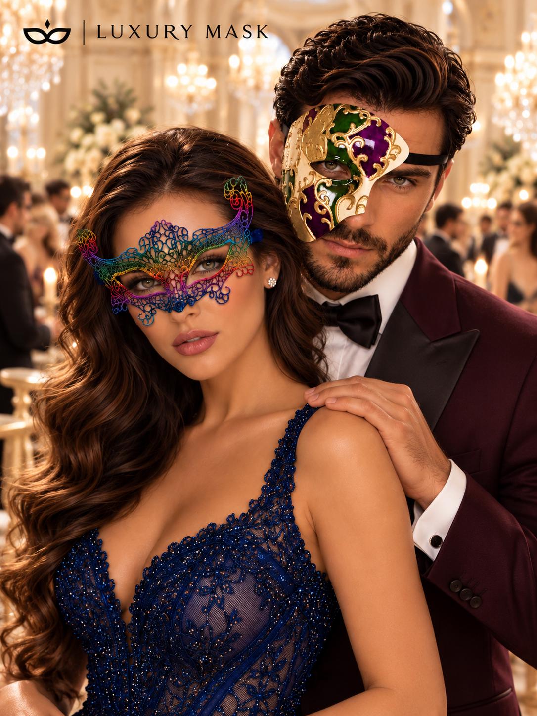 Rainbow Crown Lace Mask for Women & Purple Gold Green One Eye Phantom Mask for Men | Colorful Venetian Masquerade Set - image 4