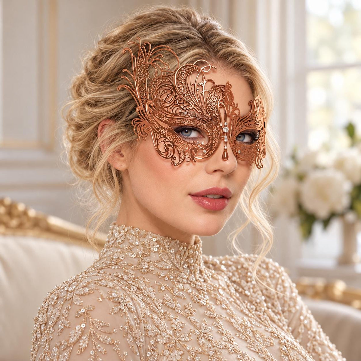 Rose Gold Swan Wing Masquerade Mask with Clear Rhinestones for Women - image 2