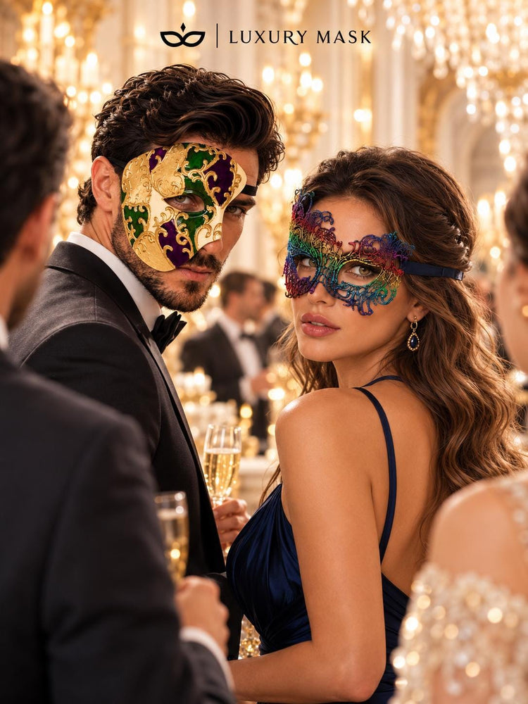 Purple Gold Green One Eye Phantom Mask for Men & Rainbow Swan Lace Mask for Women | Venetian Colorful Couple Masquerade Masks - image 2