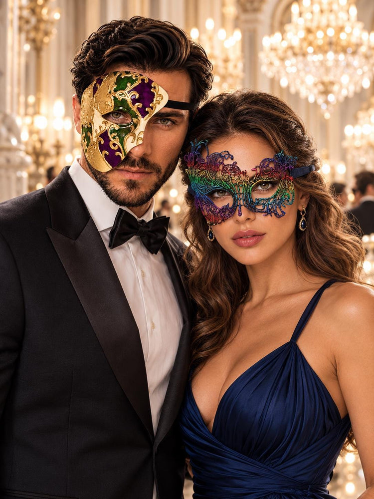 Purple Gold Green One Eye Phantom Mask for Men & Rainbow Swan Lace Mask for Women | Venetian Colorful Couple Masquerade Masks - main image