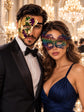Purple Gold Green One Eye Phantom Mask for Men & Rainbow Swan Lace Mask for Women | Venetian Colorful Couple Masquerade Masks - main image