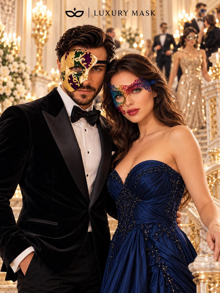 Rainbow Phantom Lace Mask for Women with Purple Gold Green One Eye Phantom Mask for Men | Venetian Masquerade Couple Set - image 2
