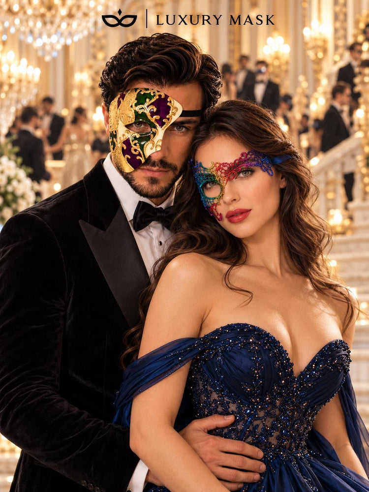 Rainbow Phantom Lace Mask for Women with Purple Gold Green One Eye Phantom Mask for Men | Venetian Masquerade Couple Set - image 4