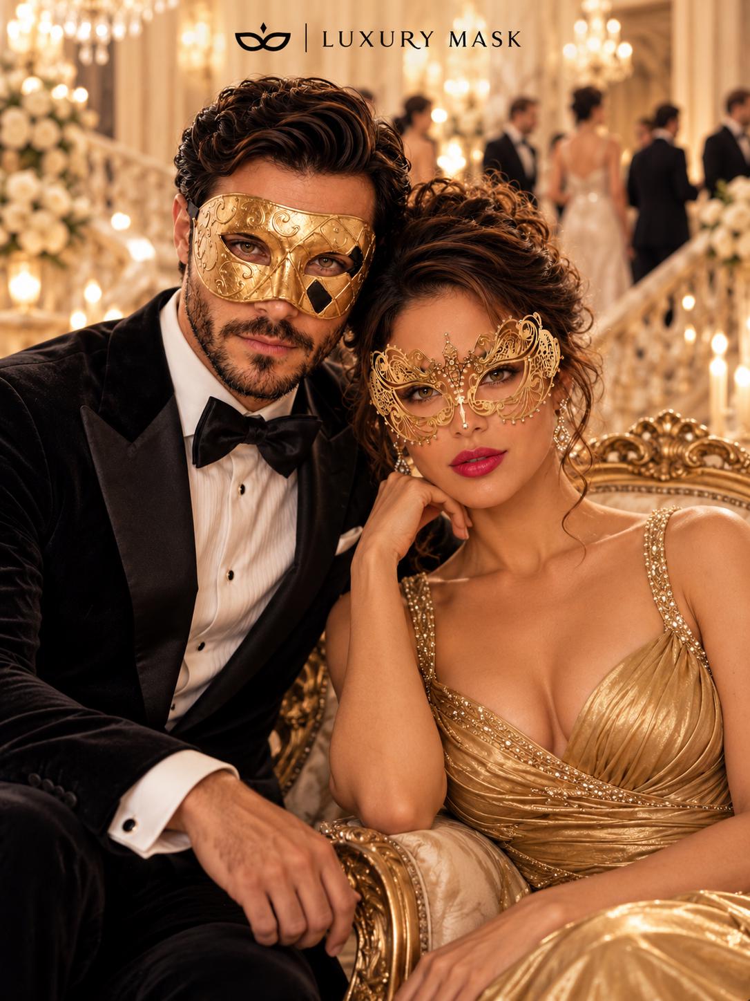 Gold Art Venetian Mask for Men & Gold Rhinestone Metal Mask for Women | His and Hers Masquerade Couple Set - image 4