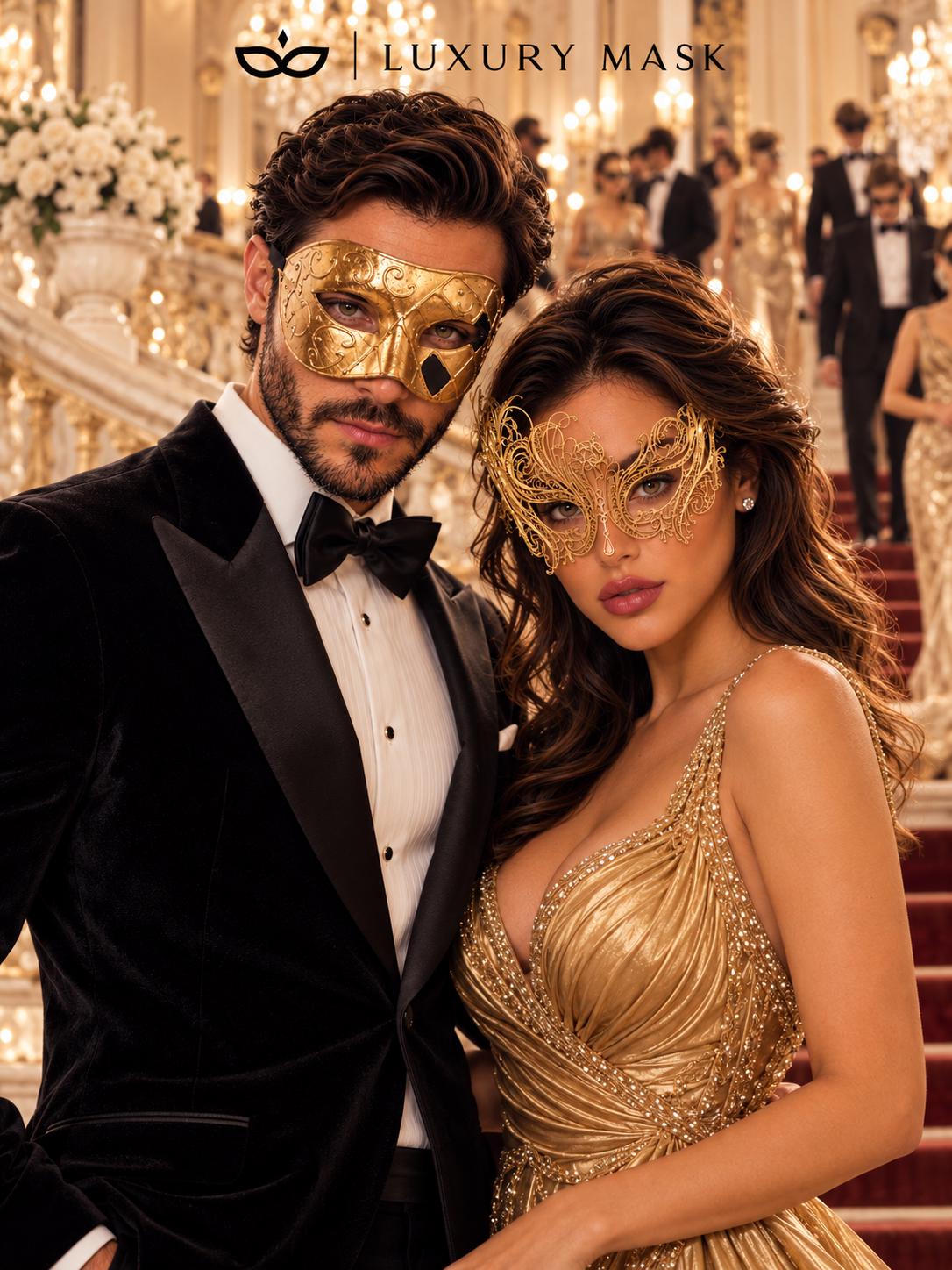 Gold Swan Metal Mask for Women & Gold Art Venetian Mask for Men | Elegant His and Hers Masquerade Couple Masks - image 2