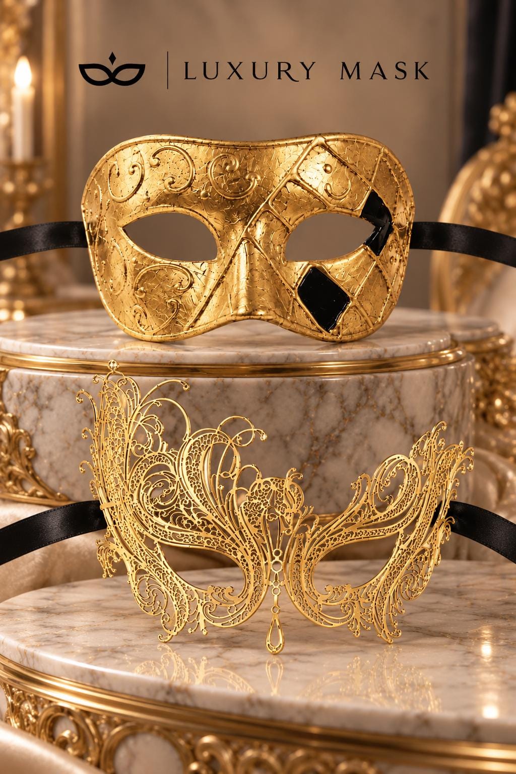 Gold Swan Metal Mask for Women & Gold Art Venetian Mask for Men | Elegant His and Hers Masquerade Couple Masks - image 6