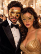 Gold Swan Metal Mask for Women & Gold Art Venetian Mask for Men | Elegant His and Hers Masquerade Couple Masks - main image