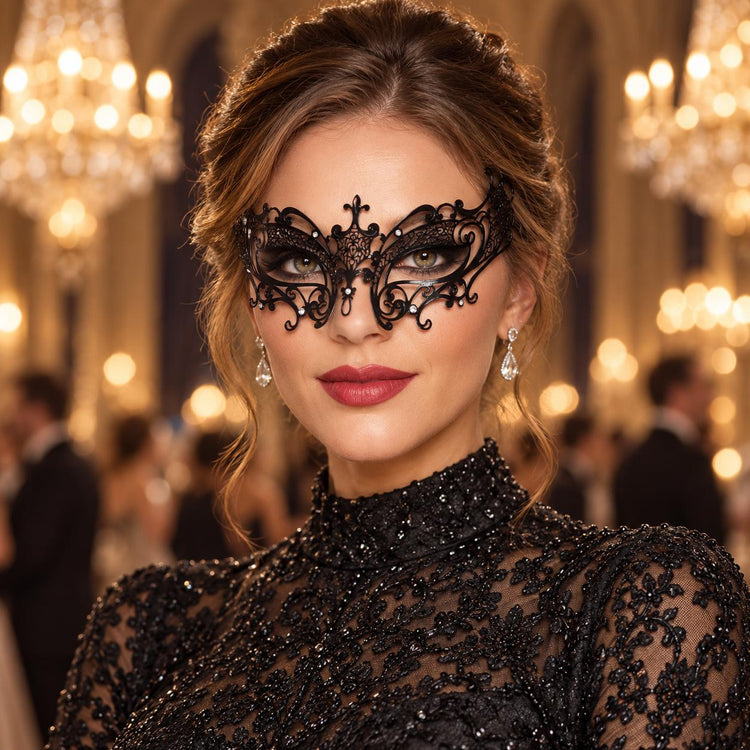 Black Curled Cutout Masquerade Mask with Clear Rhinestones for Women - main image