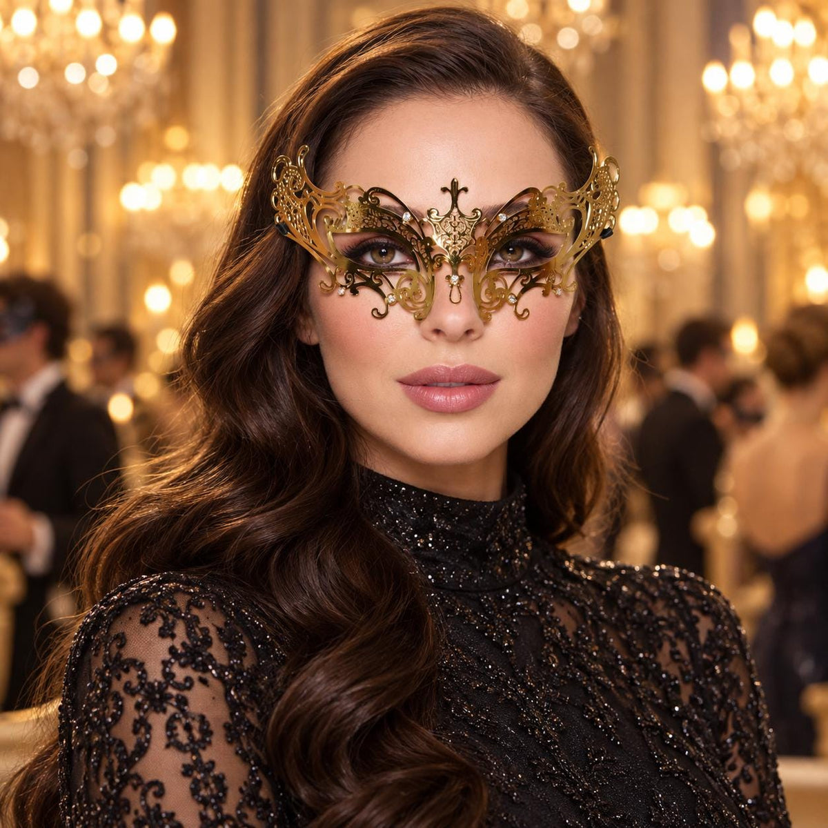Gold Curled Cutout Masquerade Mask with Clear Rhinestones for Women - main image