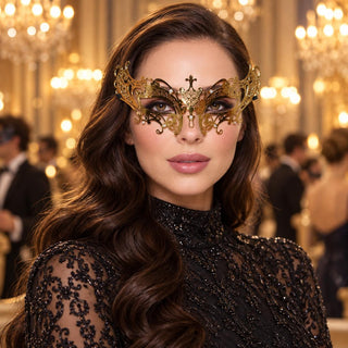 Gold Curled Cutout Masquerade Mask with Clear Rhinestones for Women - main image