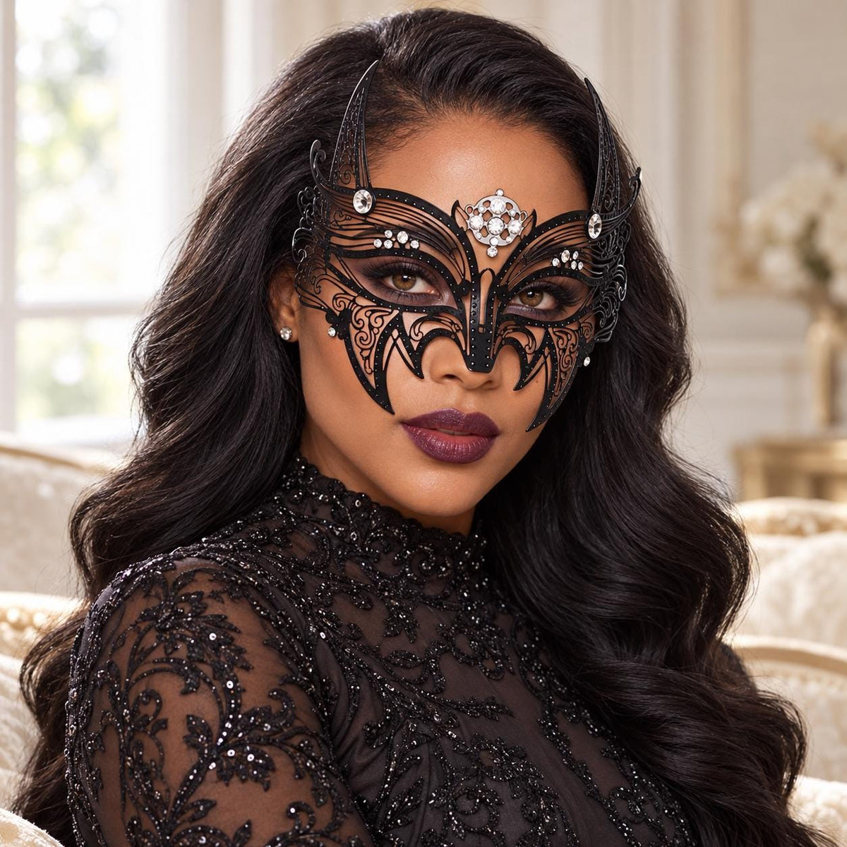 Black Pointed Masquerade Mask with Clear Rhinestones for Women - image 2