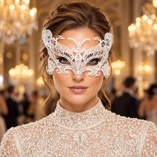 White Butterfly Masquerade Mask with Clear Rhinestones for Women - main image