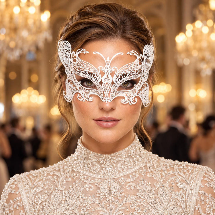 White Butterfly Masquerade Mask with Clear Rhinestones for Women - main image