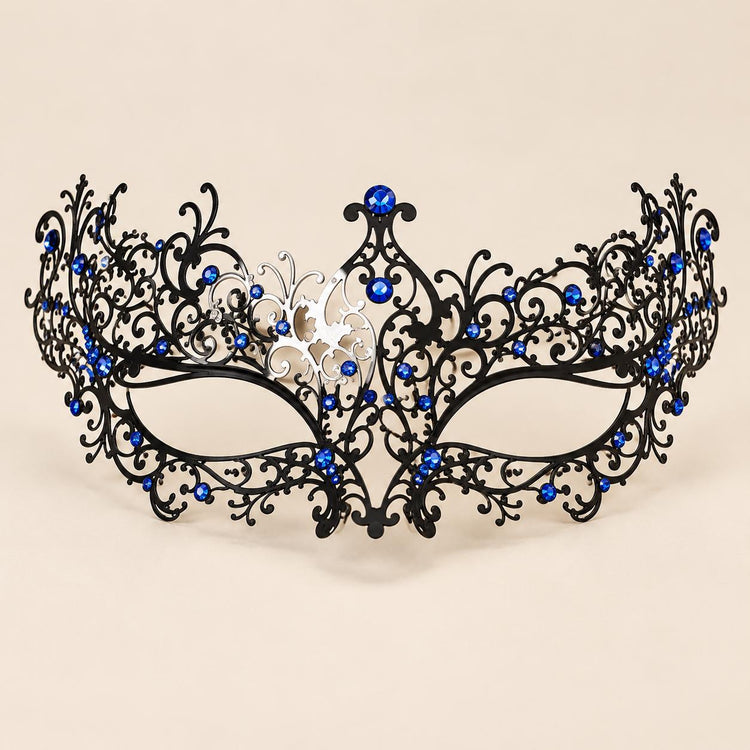 Black Fine Cutout Masquerade Mask with Blue Rhinestones for Women - image 5