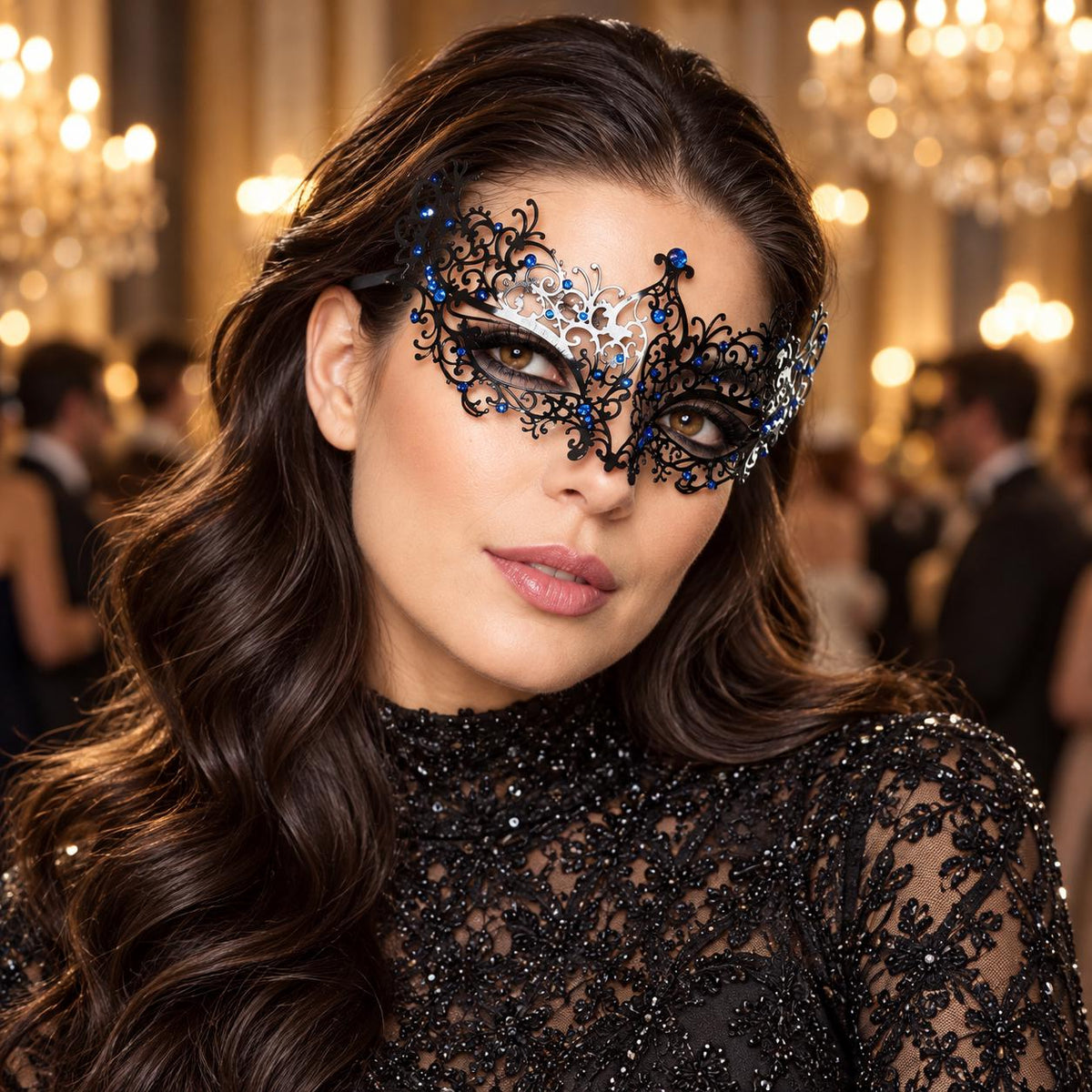 Black Fine Cutout Masquerade Mask with Blue Rhinestones for Women - main image
