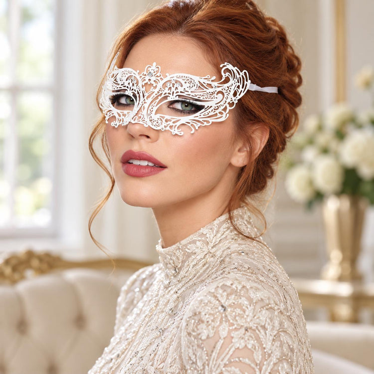White Curled Cutout Masquerade Mask with Clear Rhinestones for Women - image 2