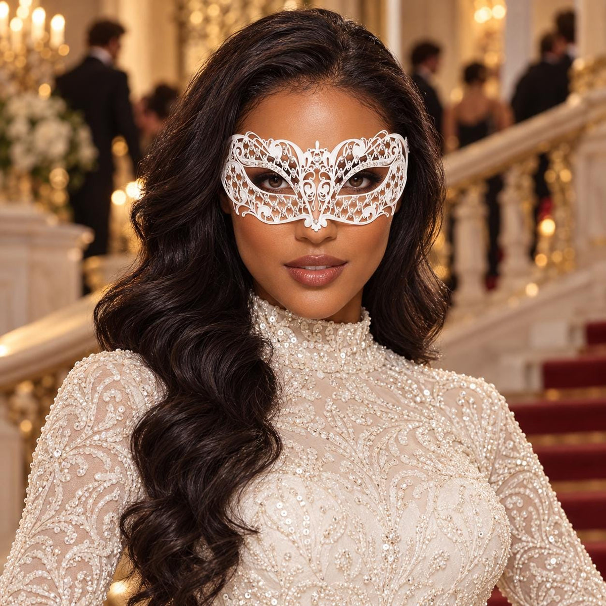 White Jewel Masquerade Mask with Clear Rhinestones for Women - image 3