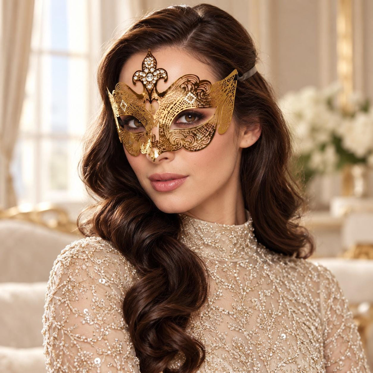 Gold Crown Masquerade Mask with Clear Rhinestones for Women - image 2