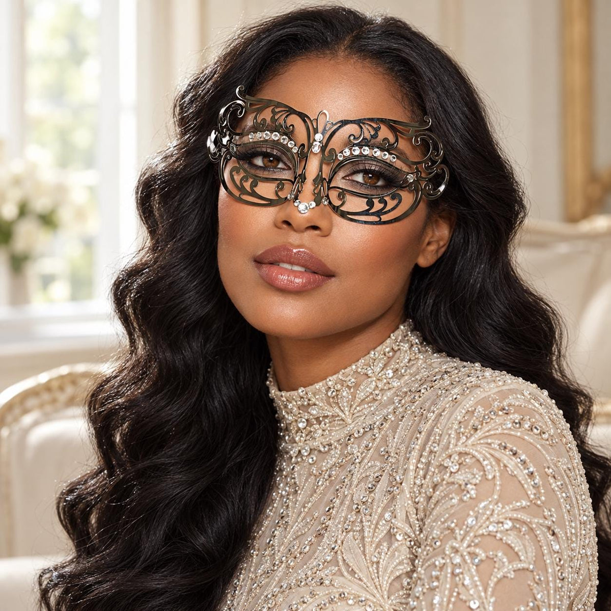 Silver Wide Cutout Masquerade Mask with Clear Rhinestones for Women - image 2