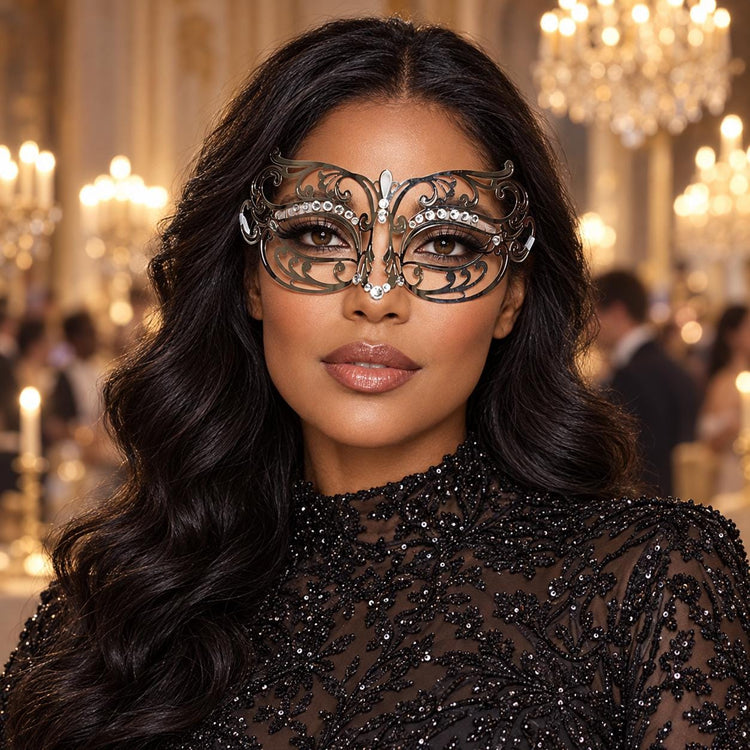 Silver Wide Cutout Masquerade Mask with Clear Rhinestones for Women - main image