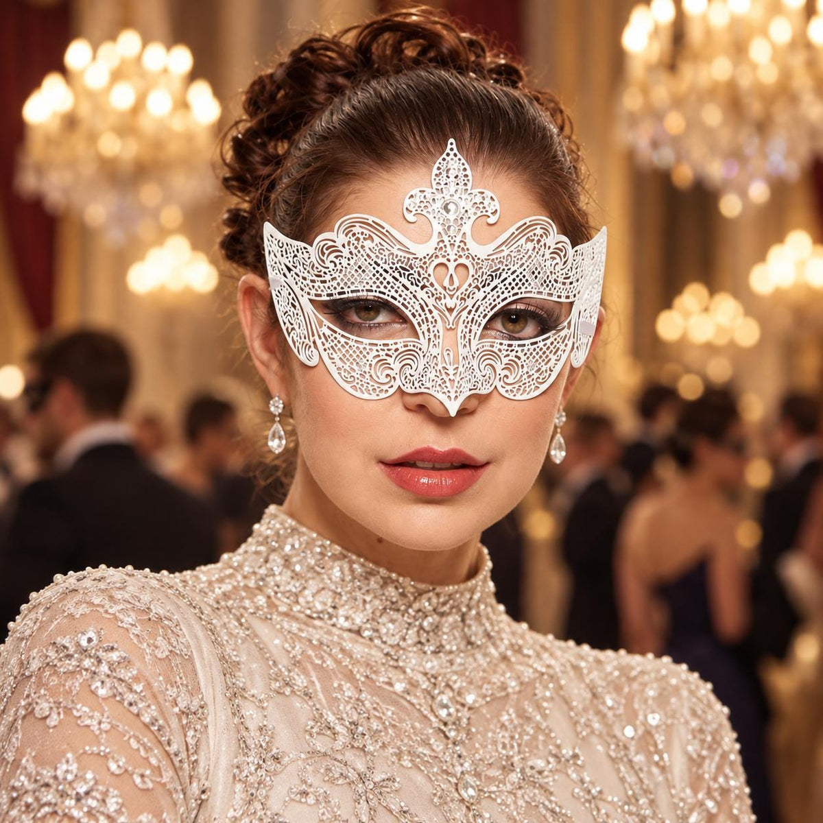 White Crown Masquerade Mask with Clear Rhinestones for Women - main image