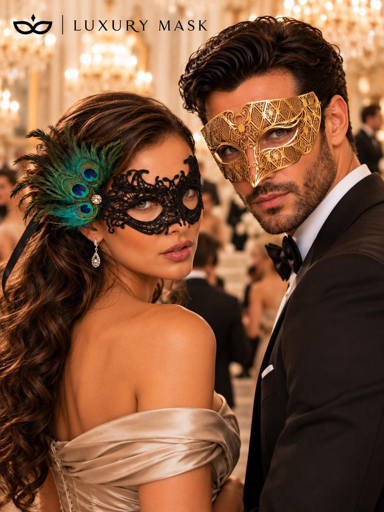 Gold Diamond Venetian Mask for Men & Black Peacock Lace Mask for Women | Dramatic His and Hers Masquerade Set - product view 2