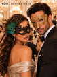 Gold Diamond Venetian Mask for Men & Black Peacock Lace Mask for Women | Dramatic His and Hers Masquerade Set - product view 2
